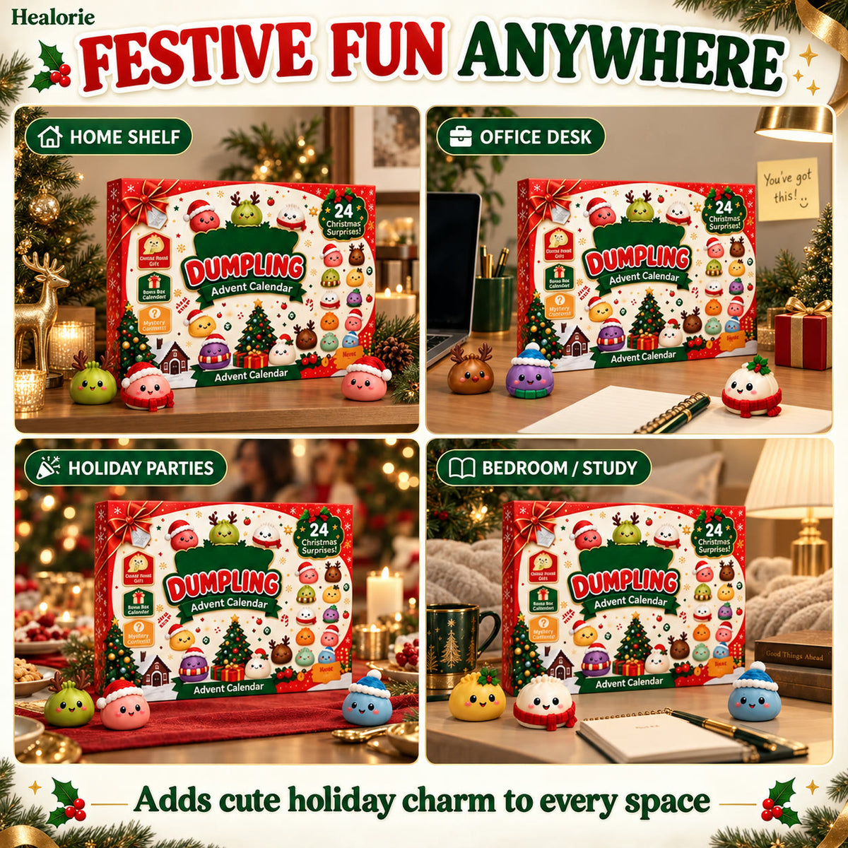 Dumpling advent calendar on a shelf, desk, party and bedroom