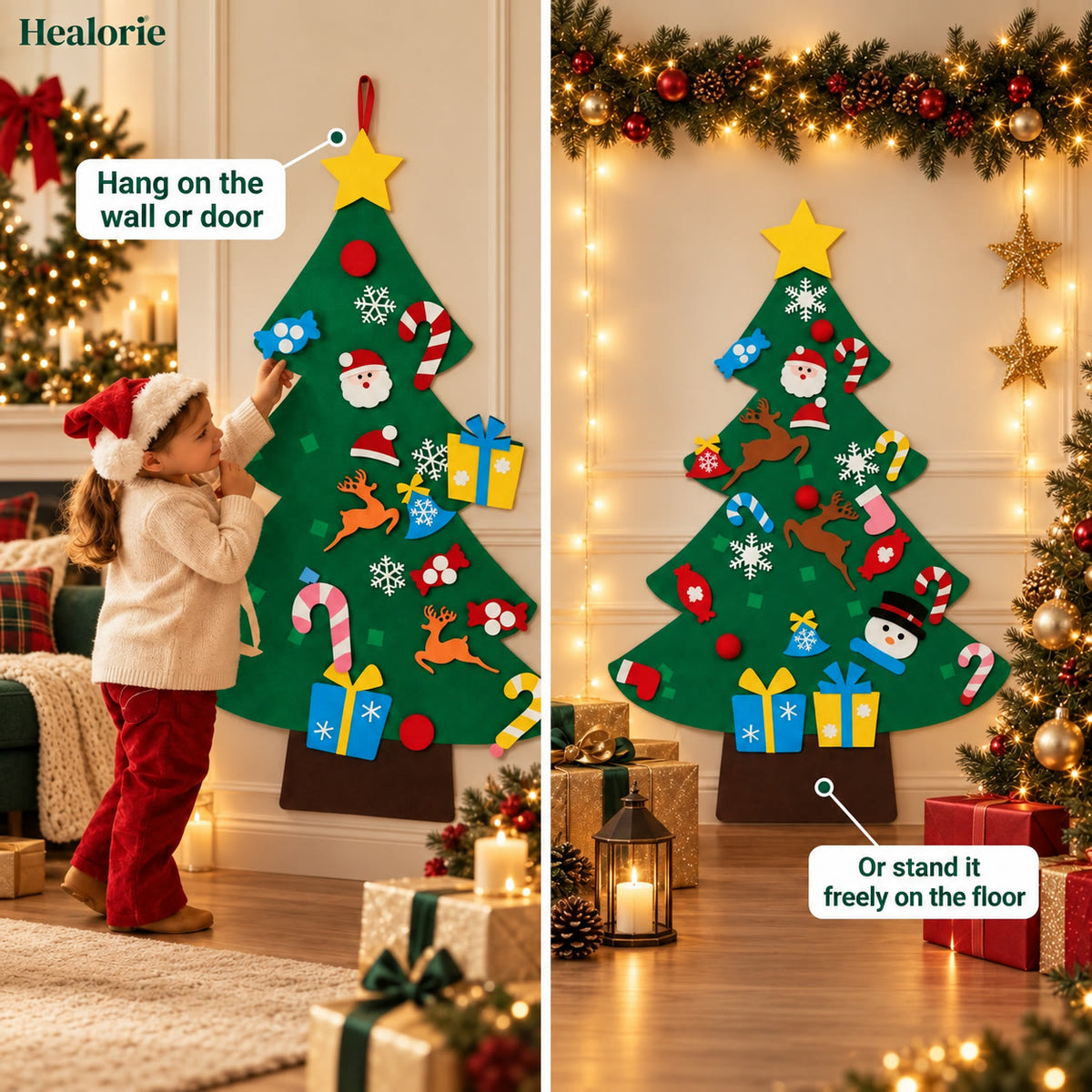 Hang the felt Christmas tree on the wall, door or stand it on the floor