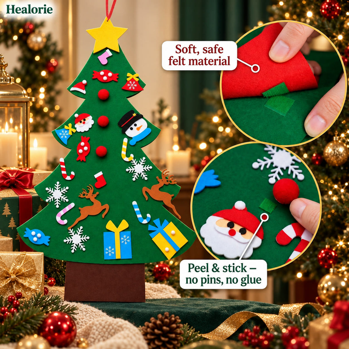 Soft safe felt material with peel and stick ornaments