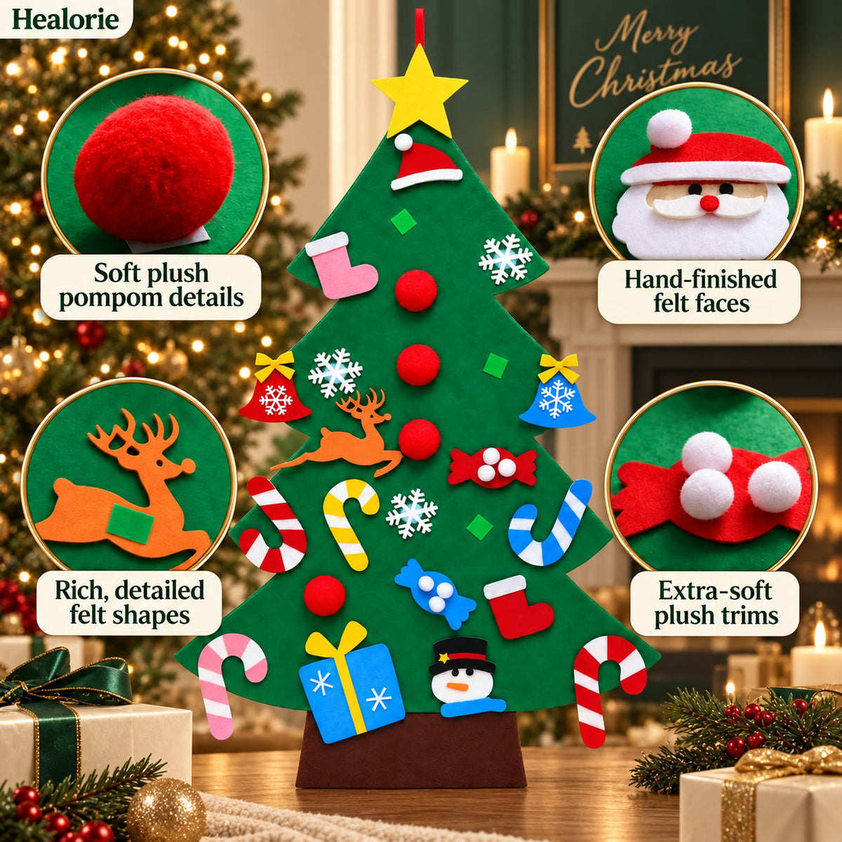 Detailed felt ornaments and plush trims