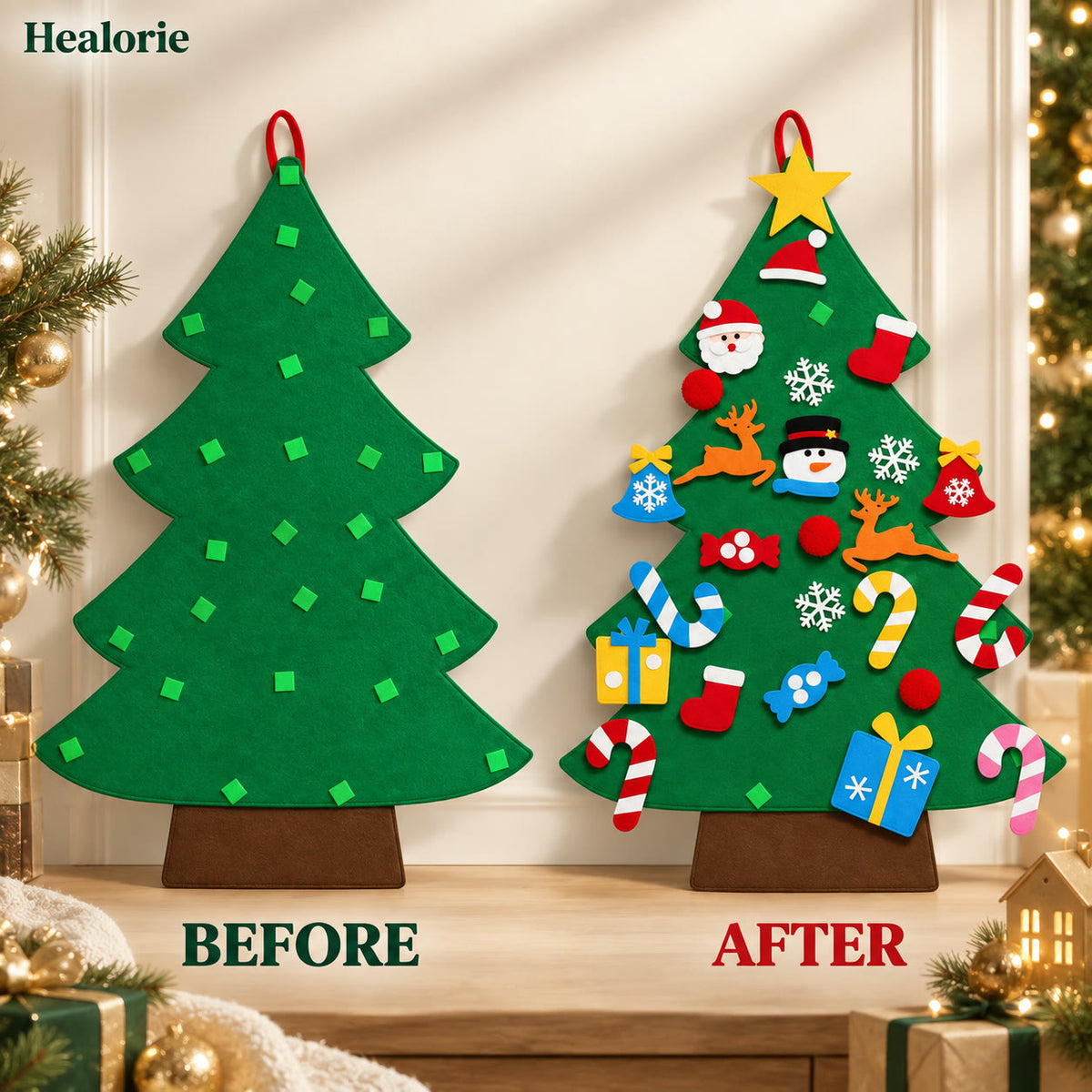 Felt Christmas tree before and after decorating
