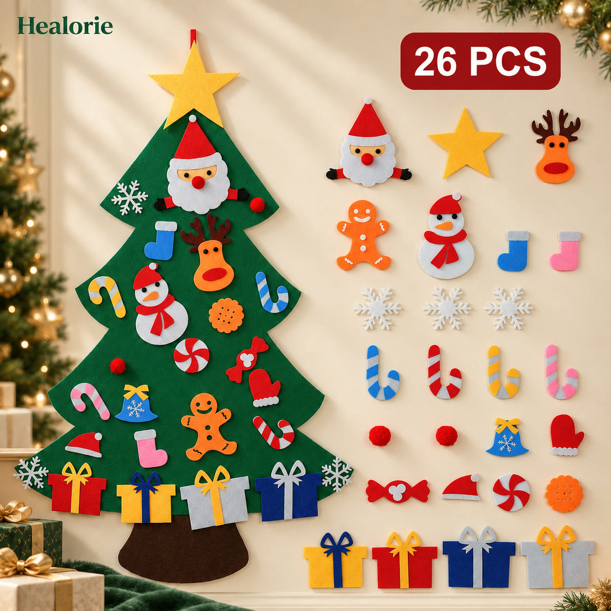 Felt Christmas tree set with 26 ornaments