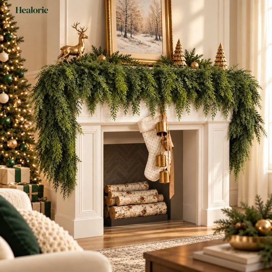 Healorie Lifelike Cedar Garland draped on a Christmas fireplace mantel